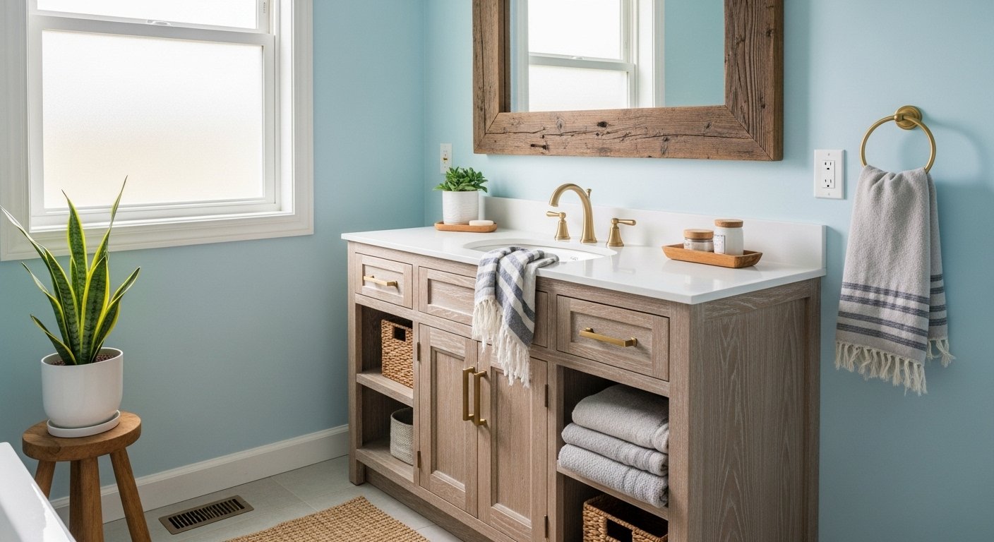 14 Rustic Blue Bathroom Ideas That Mix Wood Tones and Vintage Charm