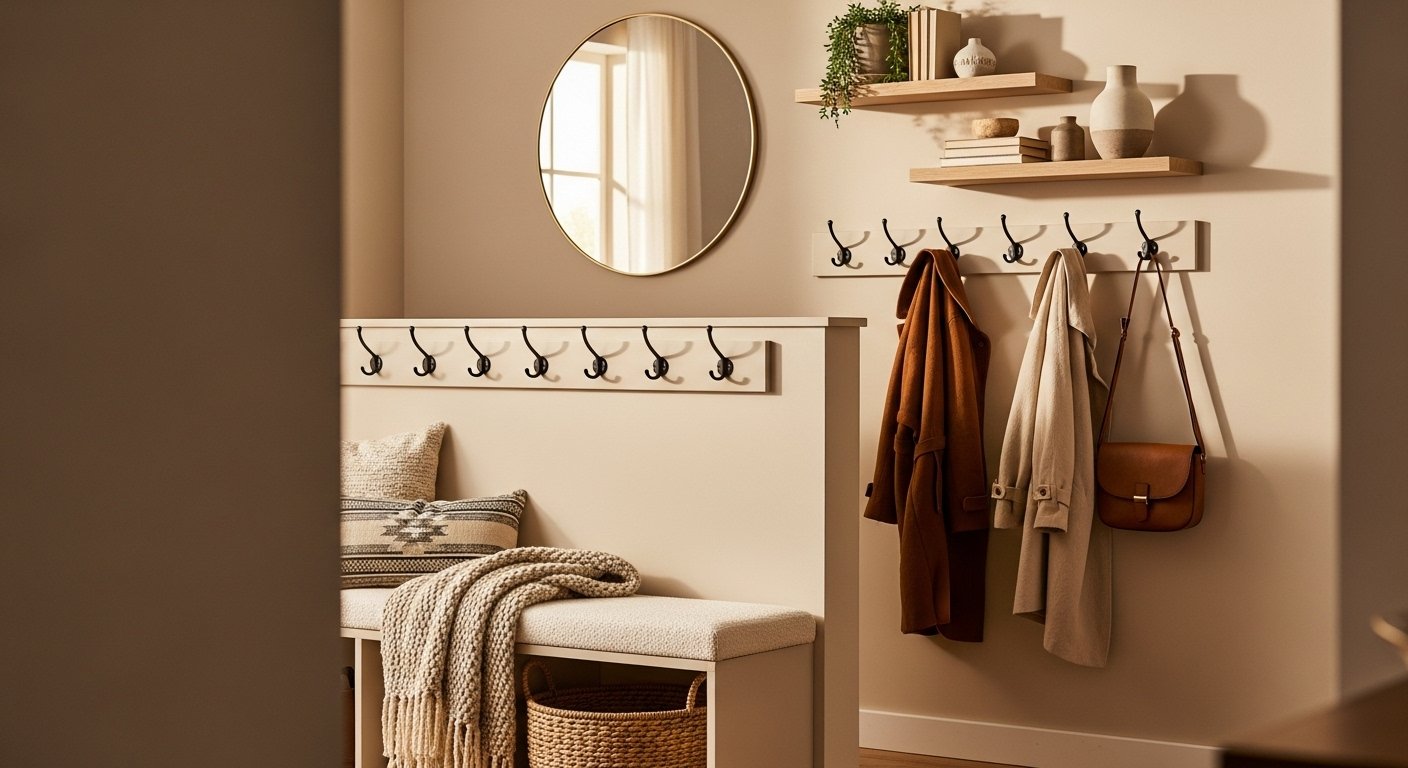 Entry Way Half Wall Divider Ideas With Hooks and Shelves: 6 Drop-Zone Designs